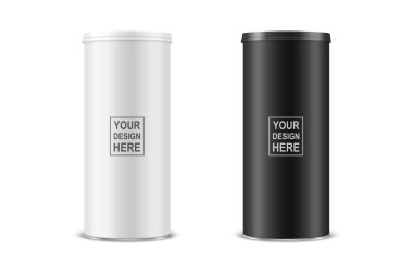 Vektör 3d Gerçekçi Boş Parlak Beyaz, Siyah Metal Teneke Kutu, Konserve Yiyecek, Beyaz Arkaplanda izole edilmiş Lid Seti ile Patates cipsi Paketi. Tasarım Şablonu, Mockup. Ön Görünüm