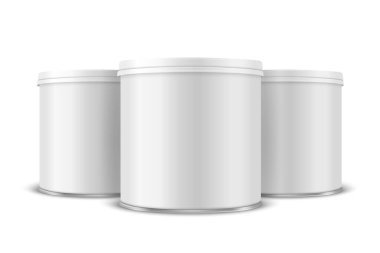 Üç Vektör 3d Gerçekçi Boş Beyaz, Lid ile siyah metal teneke kutu, Konserve yiyecek, Patates cipsi paketleme seti beyaz arka planda izole edildi. Küçük boy. Tasarım Şablonu, Mockup. Ön Görünüm