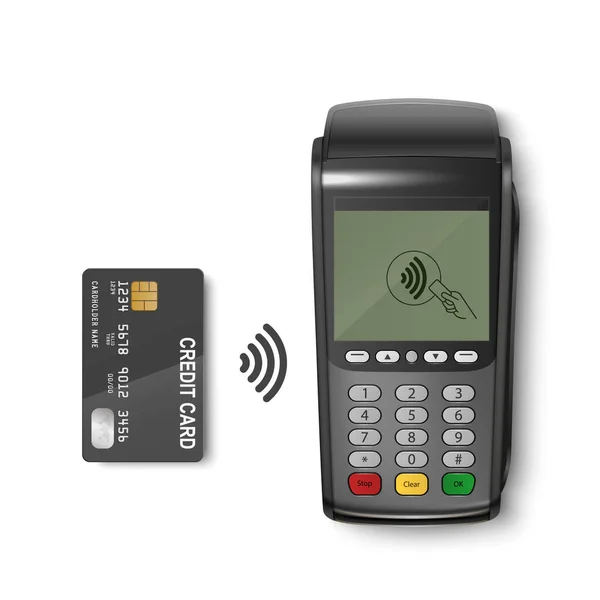 Vector 3d Realistic Black Wi-Fi Maszyna do płatności i karta kredytowa. Terminal POS odizolowany. Szablon projektu, Terminal Płatności Bankowych, Mockup. Przetwarzanie urządzeń płatniczych NFC. Widok z góry — Wektor stockowy