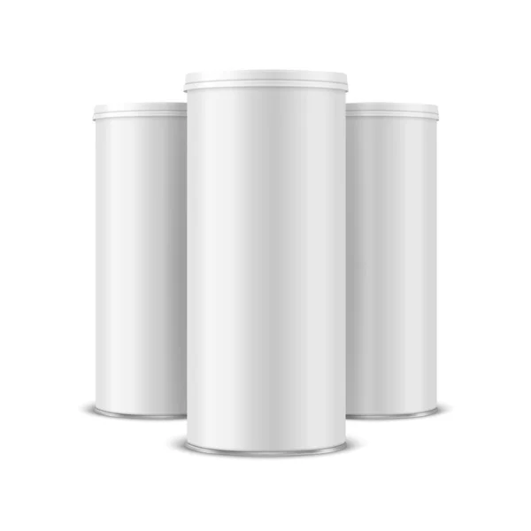 Trois vecteur 3d réaliste blanc blanc, boîte en métal noir avec couvercle, aliments en conserve, chips de pommes de terre ensemble d'emballage isolé sur fond blanc. Petite taille. Modèle de conception, Maquette. Vue de face — Image vectorielle