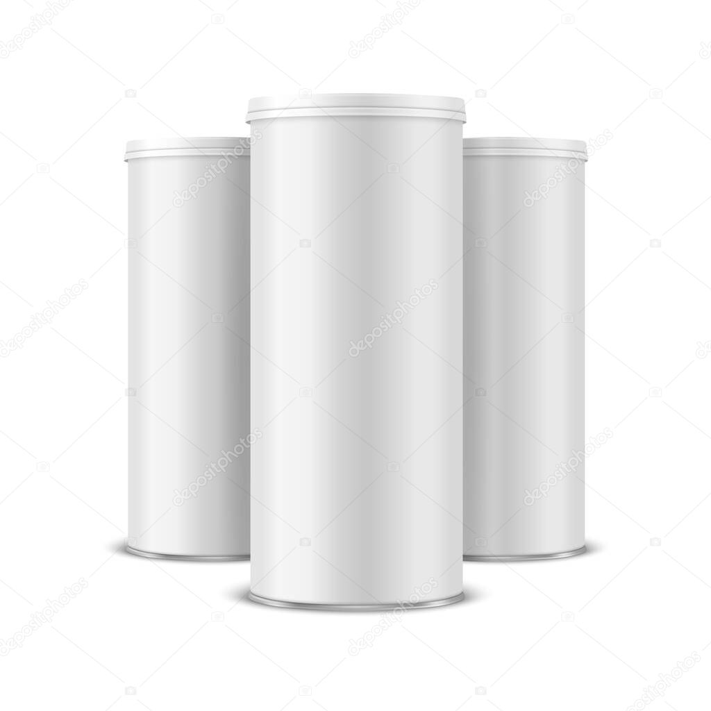 Three Vector 3d Realistic Blank White, Black Metal Tin Can with Lid, Canned Food, Potato Chips Packaging Set Isolated On White Background. Small Size. Design Template, Mockup. Front View