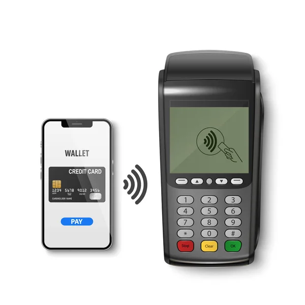 Vector Realistic 3d Płatność Wi-Fi Black Machine, Smarthone. Terminal POS, telefon, karta kredytowa izolowana. Wzór Szablon Terminalu Płatniczego Banku, Telefon, Mockup. Urządzenie płatnicze. Widok z góry — Wektor stockowy