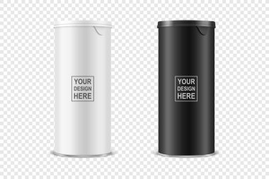 Vektör 3d Gerçekçi Boş Parlak Beyaz, Siyah Metal Teneke Kutu, Konserve Yiyecek, Şeffaf Arkaplanda Lid Seti ile izole edilmiş Patates cipsi Paketi. Tasarım Şablonu, Mockup. Ön Görünüm