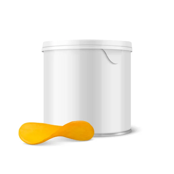 Vector 3d realista em branco lata de lata de metal branco, alimentos enlatados, batatas fritas de embalagem com tampa e chips texturizados realistas isolados em branco. Tamanho pequeno. Modelo de design, Mockup. Vista frontal — Vetor de Stock