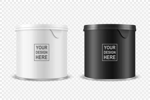 Vector 3d Realistic Blank Glossy White, Black Metal Tin Can, Canned Food, Potato Chips Csomagolás fedéllel Elkülönítve Átlátszó háttérrel. Kis méret. Tervezz sablont, Mockup. Elülső nézet — Stock Vector