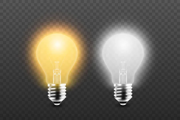 Vector 3d Realistic Yellow and White Glowing, Turned Off Electric Light Bulb Icon Set Isolated on Transparent Background. Design Template. Inspiration, Idea concept. Front View — Stock Vector