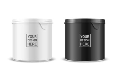 Vektör 3d Gerçekçi Boş Parlak Beyaz, Siyah Metal Parlak Teneke Kutu, Konserve Yiyecek, Beyaz Arkaplanda Lid Paketlenmiş Patates Cipsi Paketi. Küçük boy. Tasarım Şablonu, Mockup. Ön Görünüm