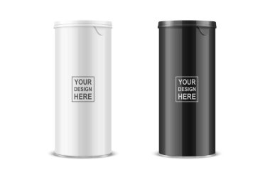 Vector 3d Realistic Blank Glossy White, Black Glossy Metal Tin Can, Canned Food, Potato Chips Packaging With Lid Set Isolated On Transparent Background. Design Template, Mockup. Front View