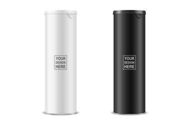 Vector 3d Realistic Blank Glossy White, Black Glossy Metal Tin Can, Canned Food, Potato Chips Packaging With Lid Set Isolated On White Background. Design Template, Mockup. Front View