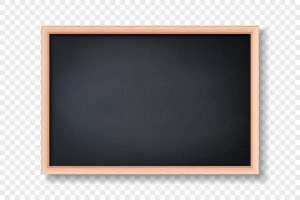 Vektorový 3D realistický prázdný Black Chalkboard, dřevěný rám Closeup Izolovaný na průhledném pozadí. Šablona designu tabule, Mockup. Prázdná tabule pro učebnu, Menu restaurace. Pohled zepředu — Stockový vektor