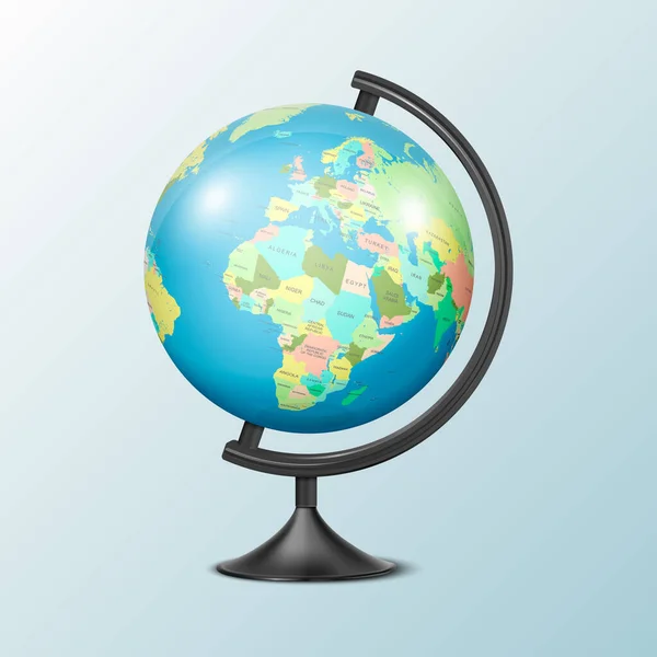 Vector Realistic 3d Globe of Planet Earth with Political Map of World Icon Closeup Isolated. Design Template, Mockup of School Globe on Table, Model of Earth for Graphics, Clipart. Front view — Stok Vektör