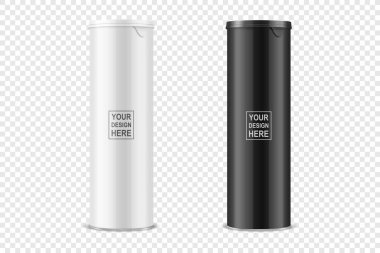 Vektör 3d Gerçekçi Boş Parlak Beyaz, Siyah Parlak Metal Teneke Kutu, Konserve Yiyecek, Lid Setli Patates cipsi Paketi. Tasarım Şablonu, Mockup. Ön Görünüm