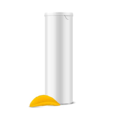 Vektör 3d Gerçekçi Boş Parlak Beyaz Metal Kutu, Konserve Yemek, Lid ile Patates cipsi Paketleme, Beyaz Arkaplanda İzole Edilmiş Gerçekçi Dokuma Çipleri. Tasarım Şablonu, Mockup. Ön Görünüm