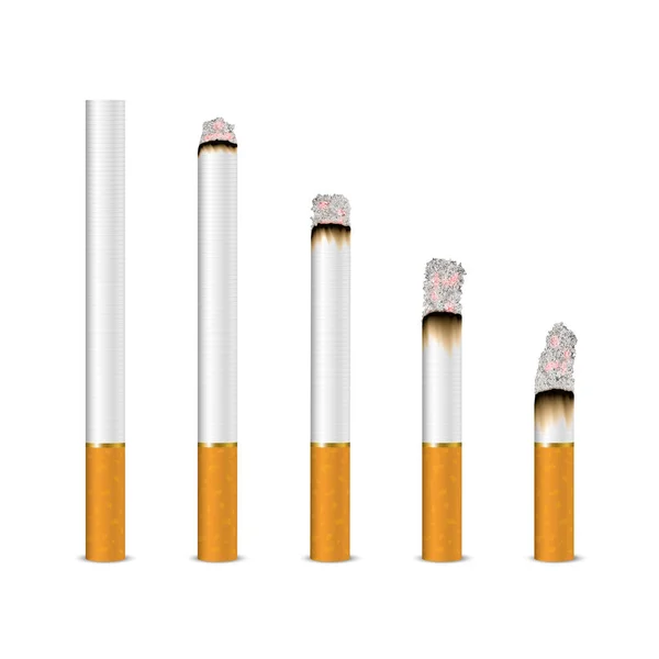 Vector 3d Realist Cigarette Set Closeup Isolated on White Background (англійською). Різні етапи спалювання. Цілий і курить. 31 травня - Всесвітній день без тютюну. День пам'яті курців не відзначається. Припиніть палити — стоковий вектор