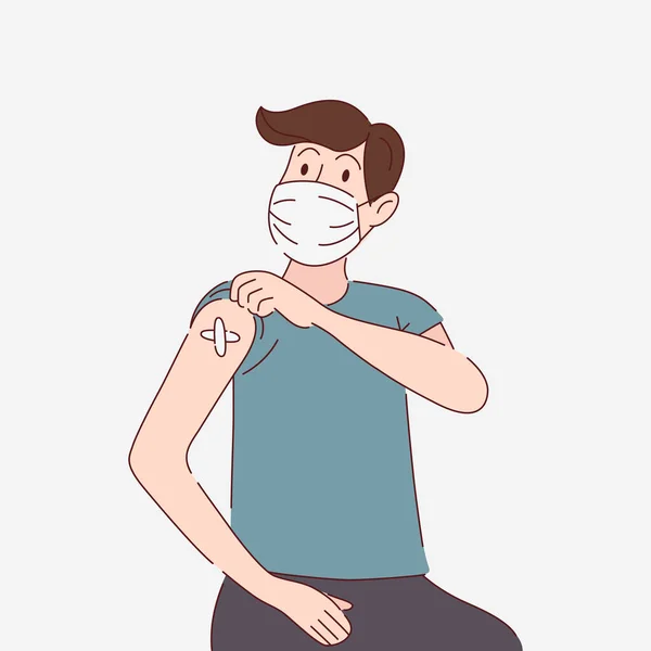 Vaksinasi Man in ProProtection Mask, Showing Vaccinated Arm. Pasien setelah menerima Covid-19 Vaksin. Konsep vaksinasi. Perawatan kesehatan, Diagnostik. Vektor Gaya Datar - Stok Vektor