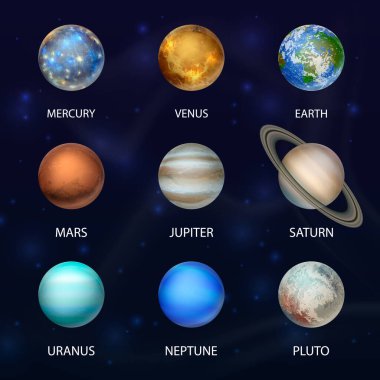 Vektör 3d Gerçekçi Uzay Gezegeni Simgesi Karanlık Yıldızlı Gökyüzü Arkaplanı 'na ayarlandı. Güneş Sistemi 'nin Gezegenleri. Galaksi, Astronomi, Uzay Keşfi
