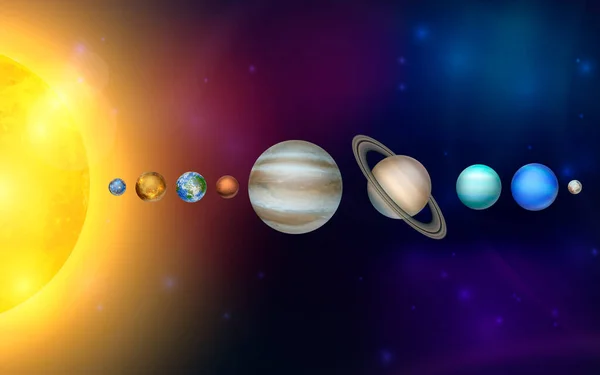 太阳系的行星。矢量3D现实的太空行星设置在太空星空.银河、天文学、空间探索概念 — 图库矢量图片