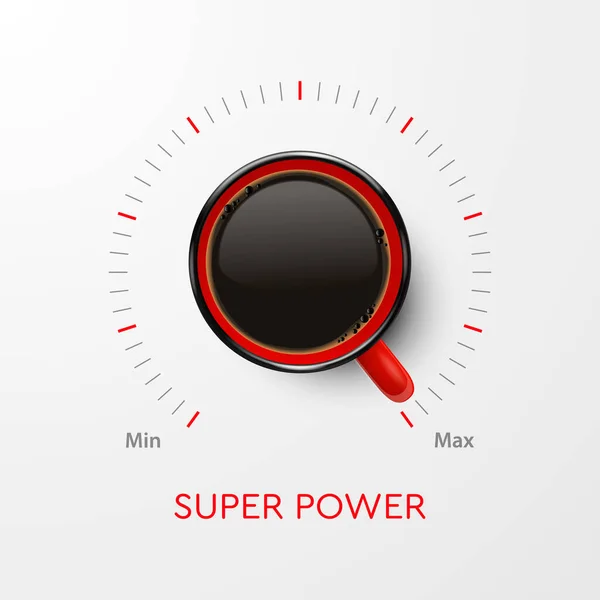 Koffie Super Power Concept. Vector 3d Realistische rode mok met zwarte koffie en volume schaal. Banner met koffiebeker en zin over koffie. Voorraad Illustratie. Ontwerp sjabloon. Bovenaanzicht — Stockvector