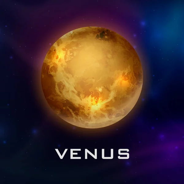 Planeet Venus. Vector 3d Realistische Ruimte Planeet in Ruimte Sterrenhemel. Galaxy, Astronomie, Ruimte Exploratie Concept. Venus Template close-up — Stockvector