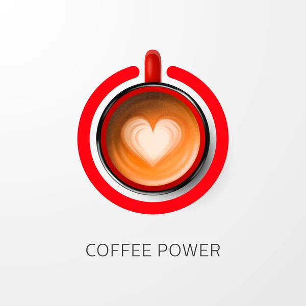Kaffekraft. Vektor 3d Realistisk röd mugg med mjölkskumskaffe - Capuccino, Latte. Banner med Coffee Cup och Coffee Concept. Mall för utformning. Ovanifrån — Stock vektor