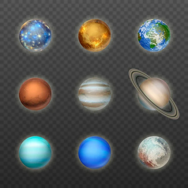 矢量3D现实的空间行星图标设置在透明的背景。太阳系行星The Planets of the Solar System.银河、天文学、空间探索概念 — 图库矢量图片