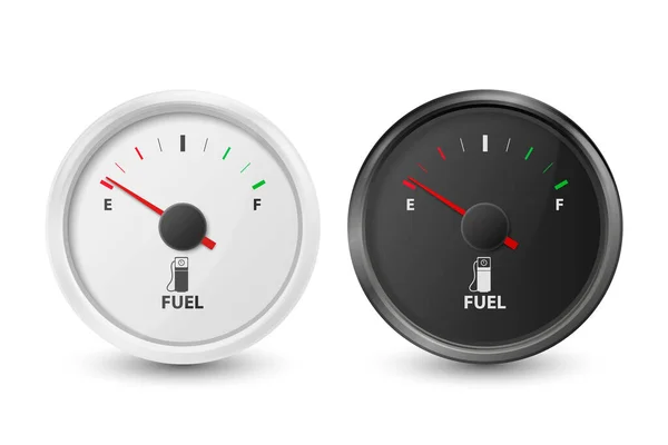 Vector 3d Realistic Black and White Circle Gas Fuel Tank Gauge, Oil Level Bar Icon Set Isolated on White Background. 자동차 대시보드 세부 사항. 연료 검출기, 가스 발생기, 센서. 설계의 틀 — 스톡 벡터