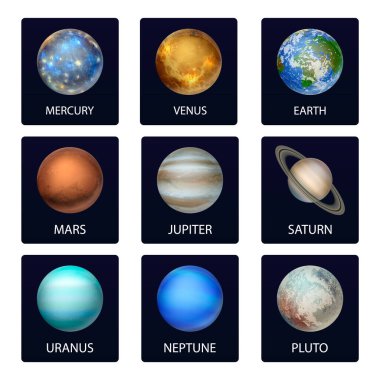 Vektör 3d Gerçekçi Uzay Gezegeni Kartı, Simge Ayarlandı. Güneş Sistemi 'nin Gezegenleri. Galaksi, Astronomi, Uzay Keşfi