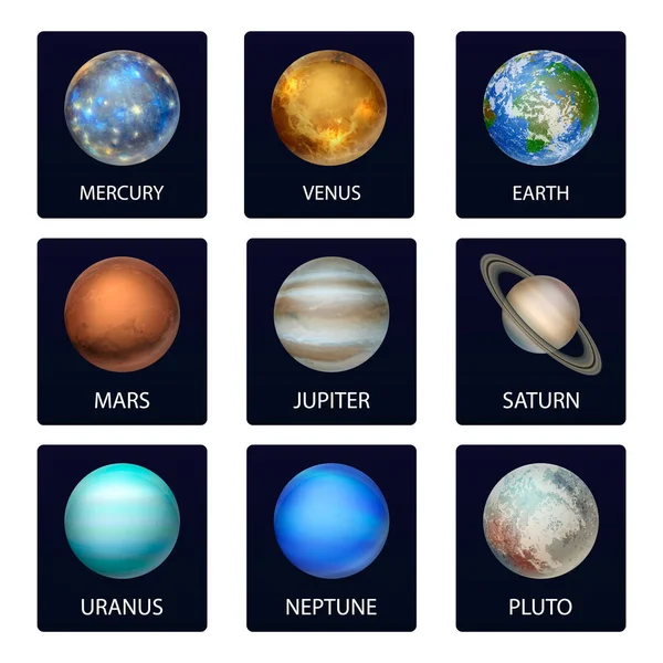Scheda del pianeta spaziale realistico vettoriale 3d, set di icone. I pianeti del sistema solare. Galassia, Astronomia, Concetto di esplorazione spaziale — Vettoriale Stock