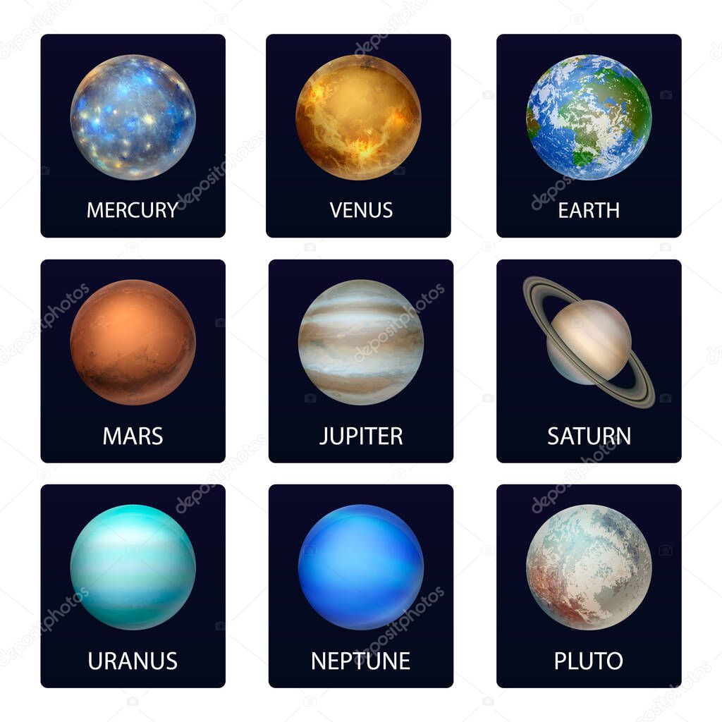 Vector 3d Realistic Space Planet Card, Icon Set. The Planets of the Solar System. Galaxy, Astronomy, Space Exploration Concept