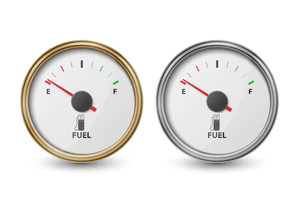 Vector 3d Realistic Golden and Silver Circle Gas Fuel Tank Gauge, Oil Level Bar Icon Set terisolasi di White Background. Detail Dasbor Mobil. Indikator Bahan Bakar, Gas Meter, Sensor. Templat Desain - Stok Vektor