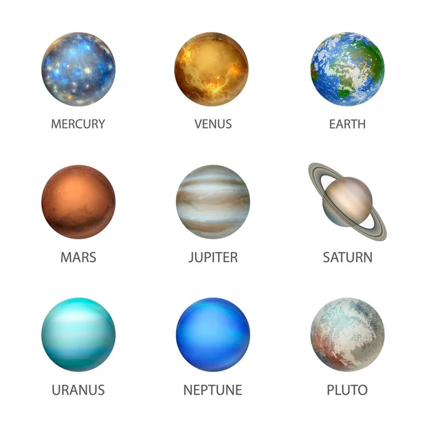 矢量3D现实的空间行星图标集分离于白色背景。太阳系行星The Planets of the Solar System.银河、天文学、空间探索概念 — 图库矢量图片