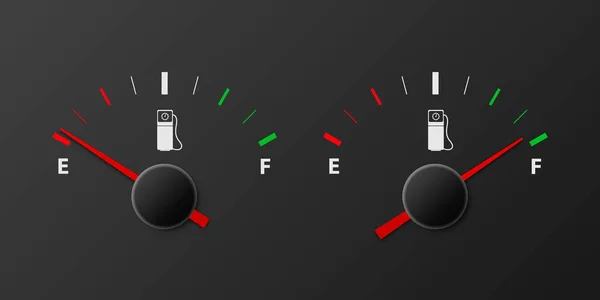 Vettore 3d Serbatoio carburante realistico, barra di livello olio su sfondo nero. Pieno e vuoto. Dettagli cruscotto auto. Indicatore di carburante, contatore di gas, sensore. Modello di progettazione — Vettoriale Stock