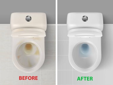 Vektör 3d Gerçekçi Temiz ve Kirli Beyaz Seramik Tuvalet Tuvalette, Tuvalette. Tuvalet Bowl 'u Lid ile açtım. Tesisat, Mockup, İç mimari şablon, temizlik, hijyen konsepti. Üst Görünüm