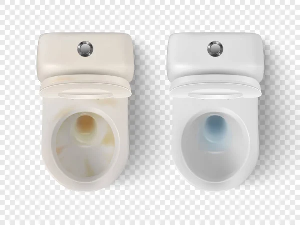 Ensemble de toilettes en céramique blanche sale, propre et réaliste vectoriel 3d isolé. Bol de toilette ouvert avec couvercle. Plomberie, Mockup, Modèle de conception pour l'intérieur, Nettoyage, Concept d'hygiène. Vue du dessus — Image vectorielle