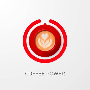 Kahve gücü konsepti. Vector 3d Gerçekçi Kırmızı Kupa köpüklü sütlü kahve, capuccino, Latte, Saucer. Kahve fincanı ve kahve hakkındaki cümlelerle dolu bir pankart. Tasarım Şablonu. Üst Görünüm