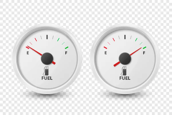 Calibre realista del tanque de combustible del círculo blanco del vector 3d, sistema aislado del icono de la barra de nivel de aceite. Lleno y vacío. Detalles del tablero de instrumentos del coche. Indicador de combustible, medidor de gas, sensor. Plantilla de diseño — Vector de stock