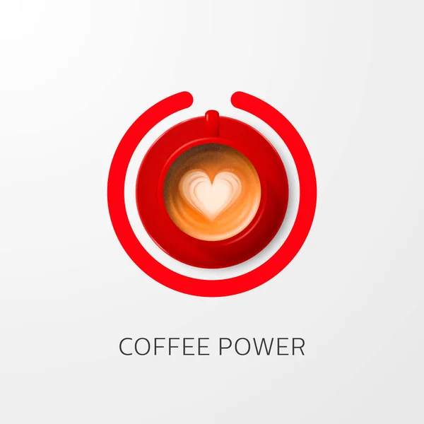 Kaffekraft. Vektor 3d Realistisk röd mugg med skummjölkskaffe, Capuccino, Latte, tefat. Concept Banner med kaffekopp. Mall för utformning. Ovanifrån — Stock vektor
