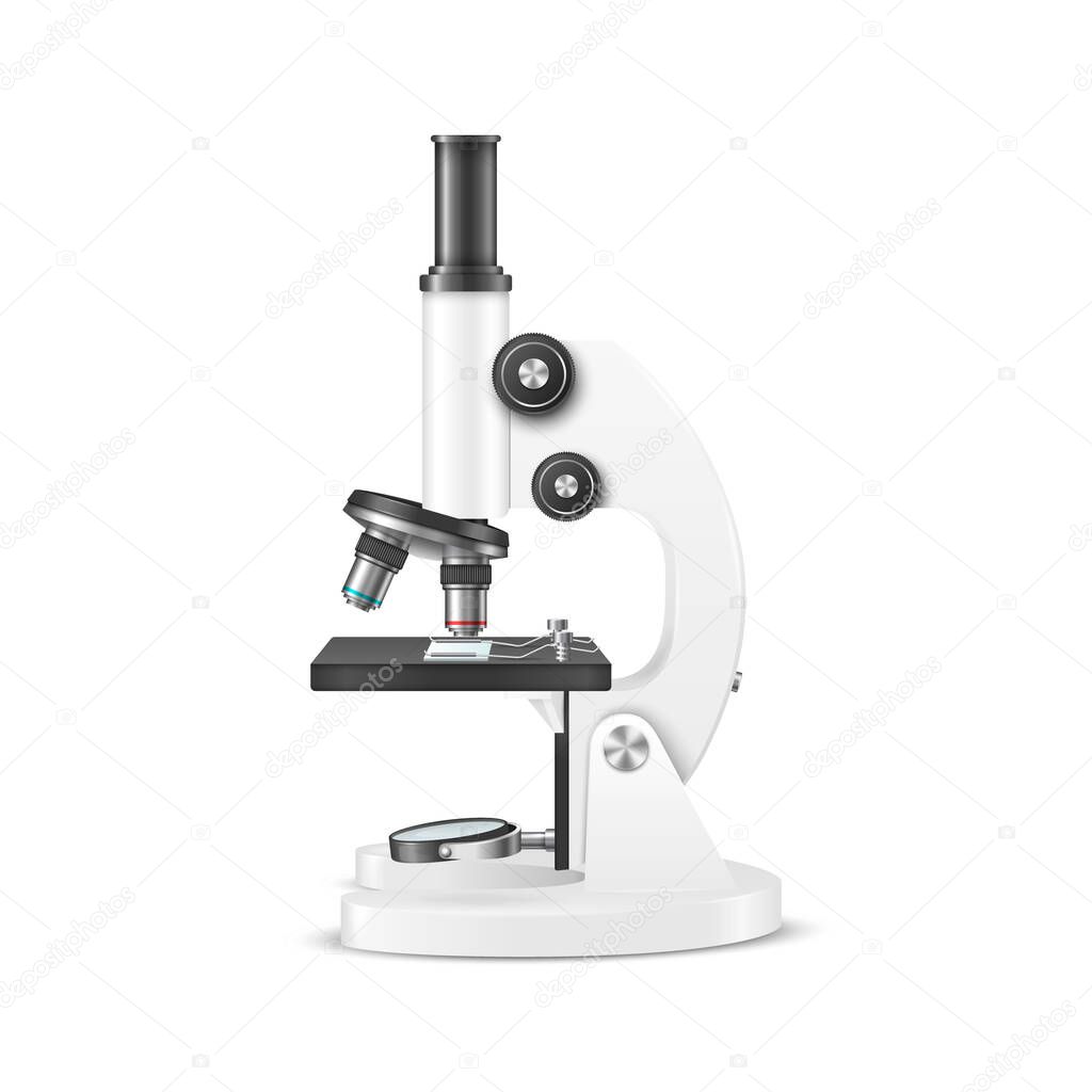 Vector 3d Realistic White Laboratory, School Microscope Isolated. Chemistry, Pharmaceutical and Microbiology Tool. Science, Lab, Research, Education Concept. Design Template, Mockup. Front View