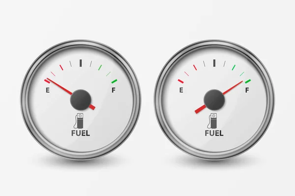 Medidor de combustible de gas realista del círculo de plata vectorial 3d, conjunto de iconos de barra de nivel de aceite aislado sobre fondo blanco. Lleno y vacío. Detalles del tablero de instrumentos del coche. Indicador de combustible, medidor de gas, sensor. Plantilla de diseño — Archivo Imágenes Vectoriales