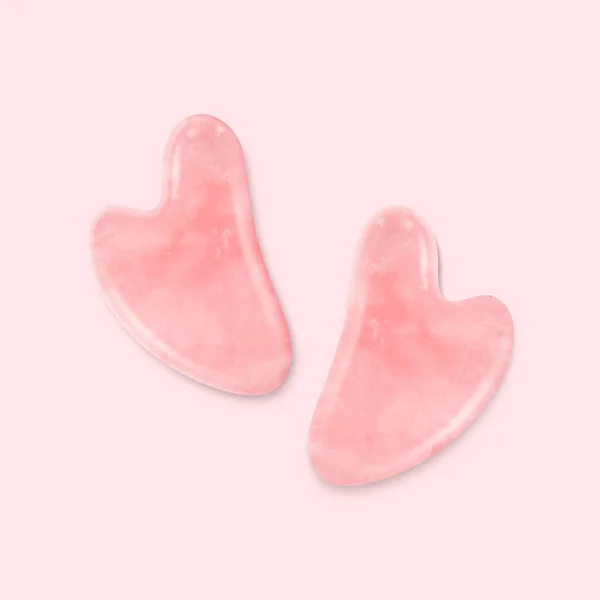 Two Vector 3d Realistic Gua Sha Jade Scraping Massage Tools Closeup on Pink. Natural Pink Rose Quartz Stone Scraper. Chinese Traditional Facial Lifting for Woman. Facial Acupoints. Top View — Stock Vector