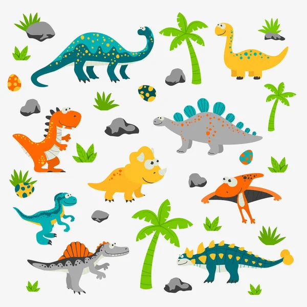 Vector Leuke en Grappige Vlakke Dinosaurussen - T-rex, Stegosaurus, Velociraptor, Pterodactyl, Brachiosaurus, Ankylosaurus, Diplodocus, Spinosaurus, Brontosaurus, Triceratops. Dinosaurus set geïsoleerd op wit — Stockvector