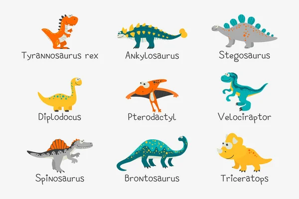 Dinosauri piatti carini e divertenti con titoli T-rex, Stegosaurus, Velociraptor, Pterodactyl, Brachiosaurus, Ankylosaurus, Diplodocus, Spinosaurus, Brontosaurus, Triceratops. Set di dinosauri isolato — Vettoriale Stock