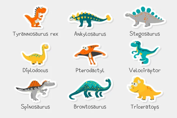 Vektorpapír matricák. Aranyos vicces dinoszauruszok és címek - T-rex, Stegosaurus, Velociraptor, Pterodactyl, Brachiosaurus, Ankylosaurus, Diplodocus, Spinosaurus, Brontosaurus, Triceratops. Dinoszaurusz-készlet — Stock Vector