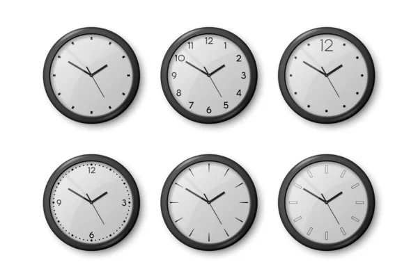 Vector 3d Realistic Black Wall Office Clock Icon Set Isolated on White. 화이트 디알. 월 클록 클로즈업의 디자인 템플릿. 브랜드와 광고를 위한 모 밍. 위, 앞에서 본 광경 — 스톡 벡터