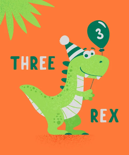 Dinosaurio Tirannosaur Tres Rex. Tirex de dibujos animados. Feliz tarjeta de cumpleaños para un niño durante tres años. Vector lindo y divertido dibujo animado dibujado a mano dinosaurio celebración globo. Niños, Ilustración de niños, Imprimir — Vector de stock