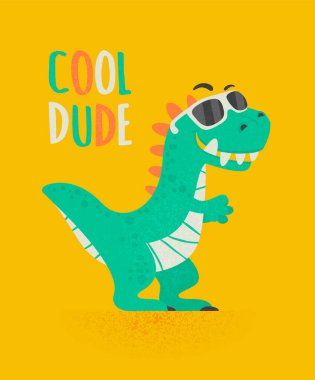 Havalı Dinozor Tirannosaur Üç Rex. Çizgi film lastiği. Bir çocuk için kart. Vektör Sevimli ve Komik Çizgi El, Güneş Gözlüklü Dinozor, Çocuk Resimleri, Çocuklar için Yazdırma