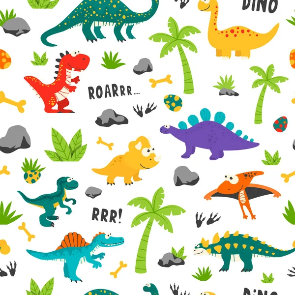 Vector naadloos patroon. Leuke en grappige platte dinosaurussen - T-rex, Stegosaurus, Velociraptor, Pterodactyl, Brachiosaurus, Ankylosaurus, Diplodocus, Spinosaurus, Brontosaurus, Triceratops. Dinosaurusdruk — Stockvector