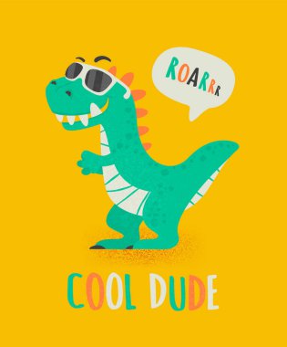 Havalı Dinozor Tirannosaur Üç Rex. Çizgi film lastiği. Bir çocuk için kart. Vektör Sevimli ve Komik Çizgi El, Güneş Gözlüklü Dinozor, Çocuk Resimleri, Çocuklar için Yazdırma