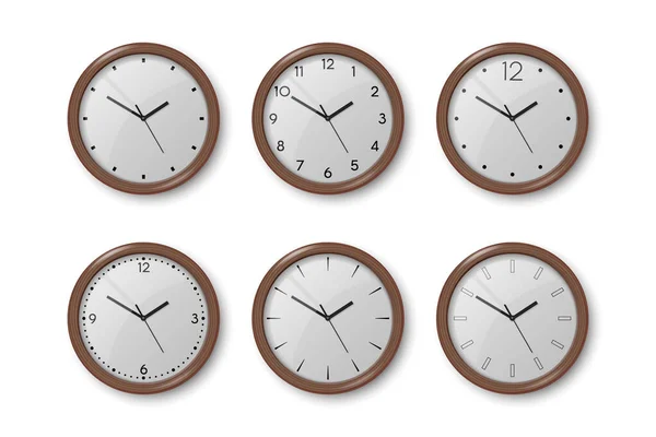 Vektor 3d Realistické Dark Brown Wooden Wall Office Clock Icon Set Izolované na bílé. Bílé vytáčení. Design šablony Wall Clock Closeup. Zesměšňovač pro branding a inzerování. Nahoře, pohled zepředu — Stockový vektor