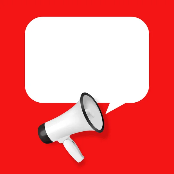 Vector realista 3d simple megáfono blanco con la burbuja del habla en el fondo rojo. Plantilla de diseño, Banner, Web. Firma del altavoz. Anuncio, Concepto de Atención — Vector de stock